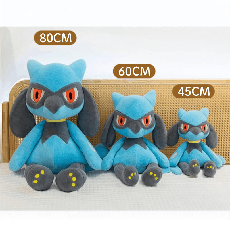 Pokemon Plush Toy – Morpeko, Lucario & Riolu Soft Stuffed Toy Three blue and gray plush toy characters shown in size comparison with labels reading 80CM, 60CM, and 45CM, set against a woven cane backdrop.