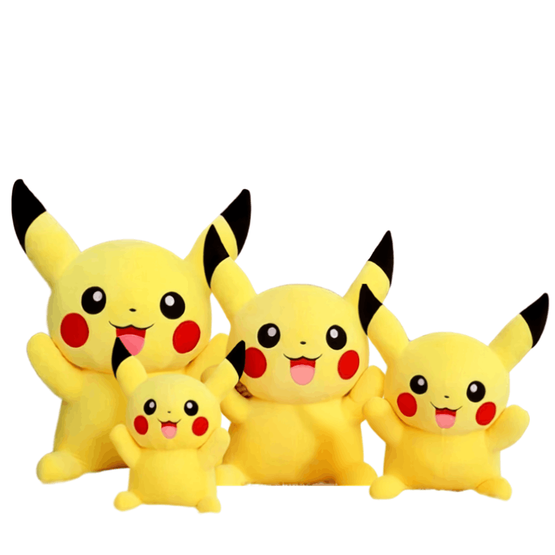 Pokemon Pikachu Plush Toy – Kawaii Soft Stuffed Animal Cushion Four yellow Pikachu plush toys in different sizes arranged together on a plain white background.