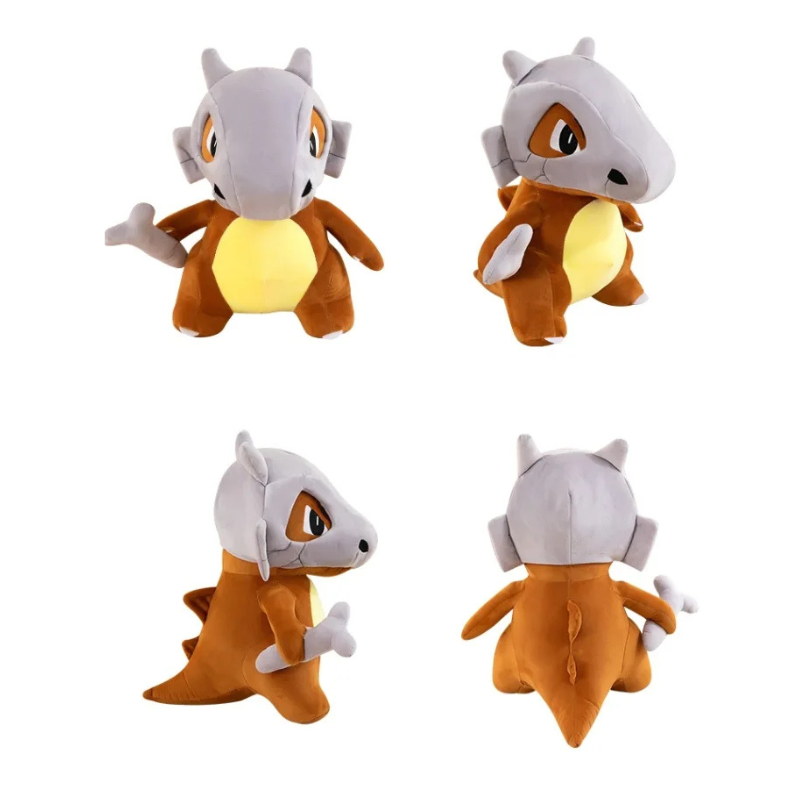 Pokemon Cubone Plush Pillow – Soft Stuffed Animal A four-view plush toy of a small gray and orange creature with a yellow belly, shown from the front, back, and side angles on a plain white background.