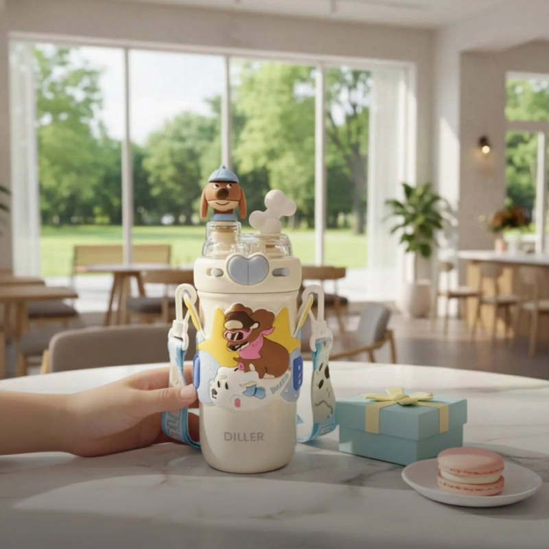 Capybara Insulated Tumbler – Cute Cartoon Water Bottle A child's water bottle with a cartoon dog character design, held by a hand in a bright, modern dining room setting. The bottle has a light blue strap, a white body, and a cartoon dog graphic on the front.