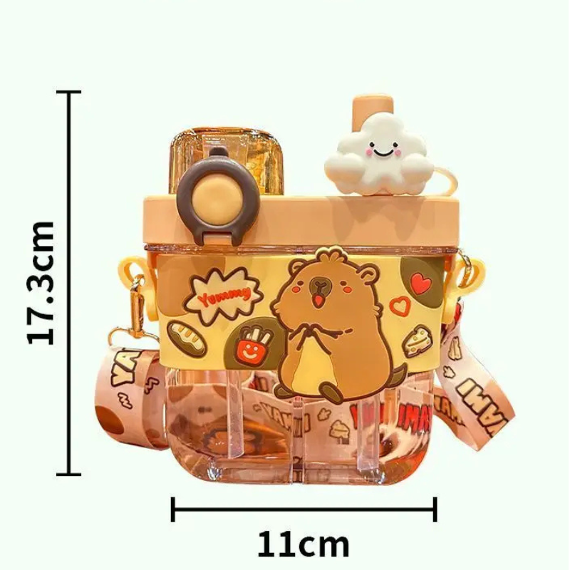 Capybara Kids Water Bottle – Cartoon Straw Cup A cartoon water bottle with a clear lower body, peach lid and strap, and a yellow decorative sleeve featuring a brown animal character and food illustrations. Black measurement lines show 17.
