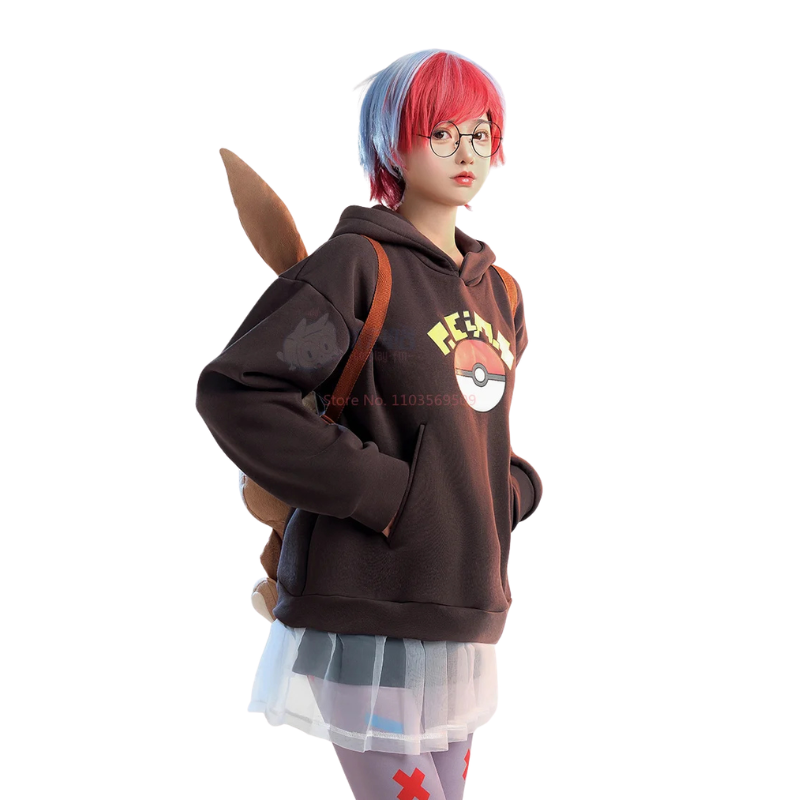 Eevee Plush Backpack – Kawaii Pokemon Cosplay Bag A person modeling a dark brown hoodie with a Pokémon-themed chest graphic, styled with a red and blue wig, glasses, a Pokémon tail accessory, and a layered tulle skirt against a plain white background.