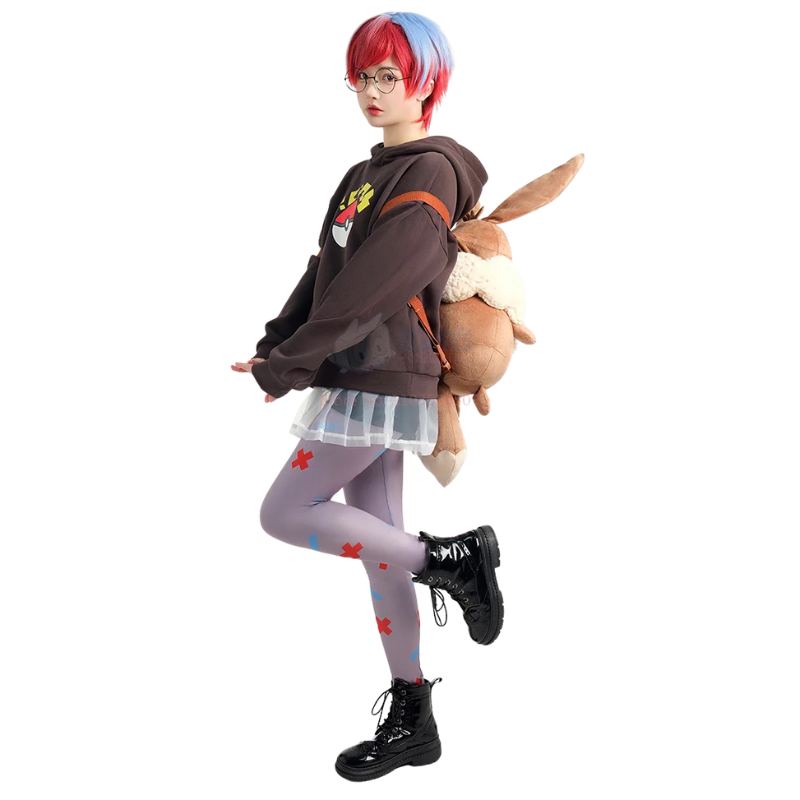 Eevee Plush Backpack – Kawaii Pokemon Cosplay Bag A person modeling a dark brown hoodie with a colorful graphic, a sheer white tulle skirt, patterned tights, and black combat boots, while carrying a large plush bunny on a backpack against a plain white background.