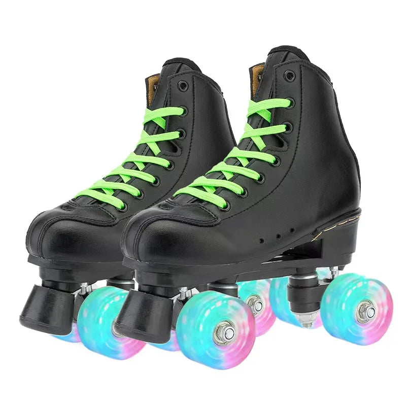 Men Women Black PU Leather Roller Skates Men Women Black PU Leather Roller Skates Furvenzy Flash Wheel Men's 4.5 (Ladies 5.5)