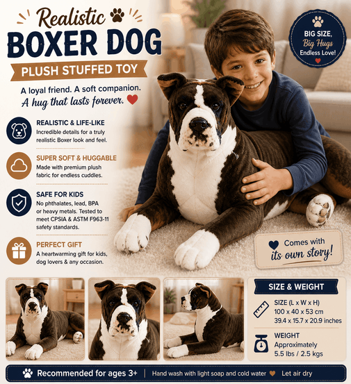Plush stuffed toy boxer dog with a boy in a living room, featuring product details.