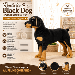 Black dog plush stuffed toy with product details on a neutral background