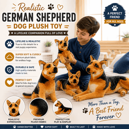 German Shepherd dog plush toy with a boy holding one, surrounded by promotional text and graphics.