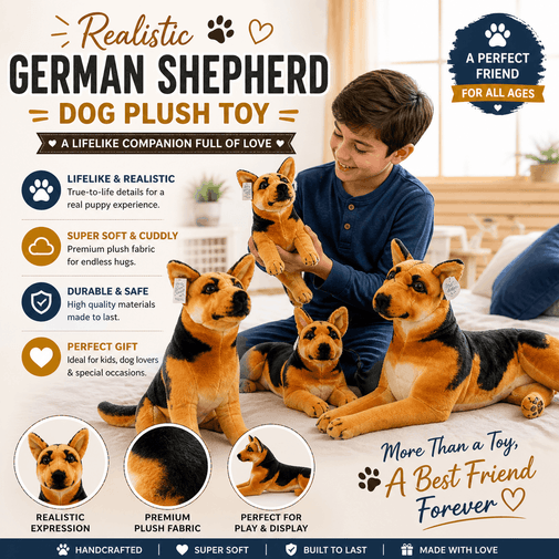 German Shepherd dog plush toy with a boy holding one, surrounded by promotional text and graphics.