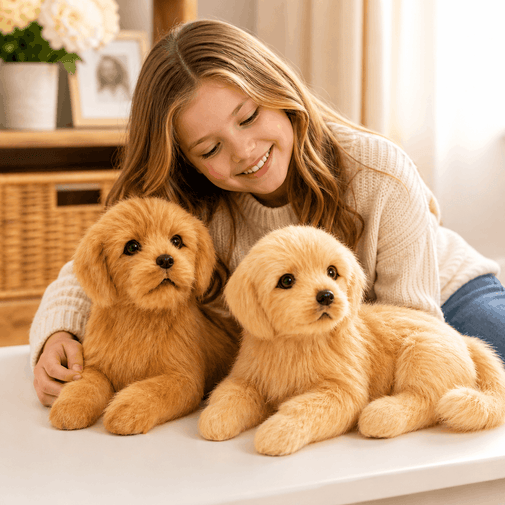 Young girl holding two fluffy puppies on a table in a cozy room.