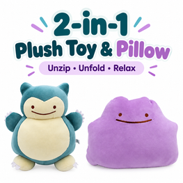 A promotional product image showing a 2-in-1 plush toy and pillow set. On the left is a blue and cream Snorlax plush toy, and on the right is a purple cloud-shaped plush pillow.