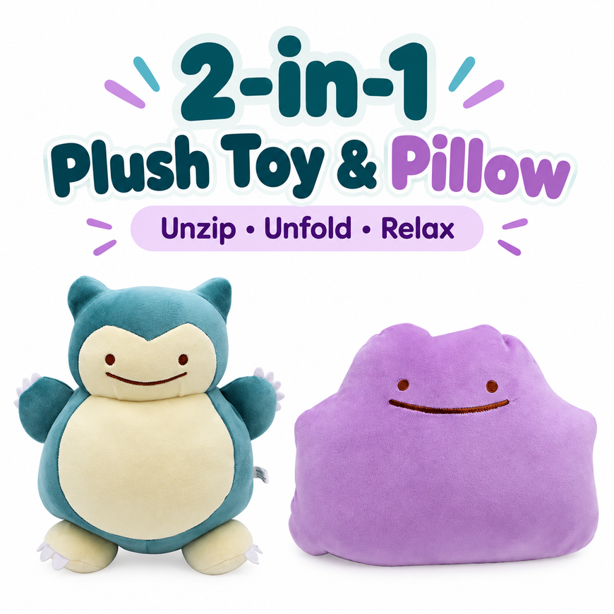 A promotional product image showing a 2-in-1 plush toy and pillow set. On the left is a blue and cream Snorlax plush toy, and on the right is a purple cloud-shaped plush pillow.
