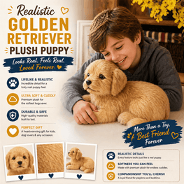 Child holding a plush golden retriever puppy with product features listed.