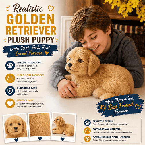 Child holding a plush golden retriever puppy with product features listed.