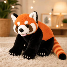 Plush toy red panda on a carpeted floor with a cozy background