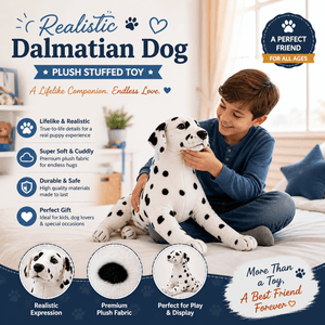 Child holding a Dalmatian plush toy with product features highlighted