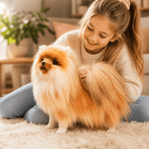 Young girl sitting on a carpet with a small fluffy dog in a cozy living room.