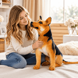 Woman sitting on a bed with a large dog plush toy