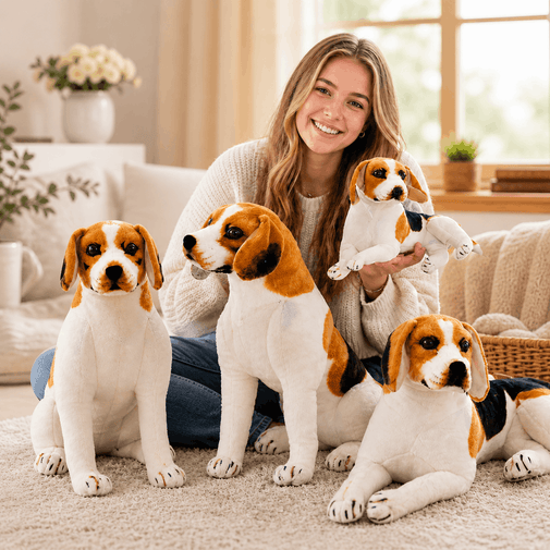 Woman holding a plush toy dog surrounded by real beagle dogs in a cozy living room.