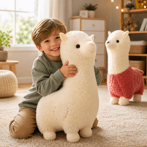 Child holding a plush sheep toy in a cozy room with another sheep toy in the background.