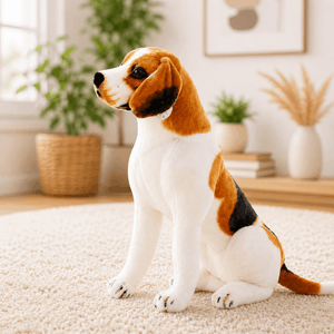 Stuffed dog toy resembling a beagle sitting on a carpeted floor in a room with plants and books.