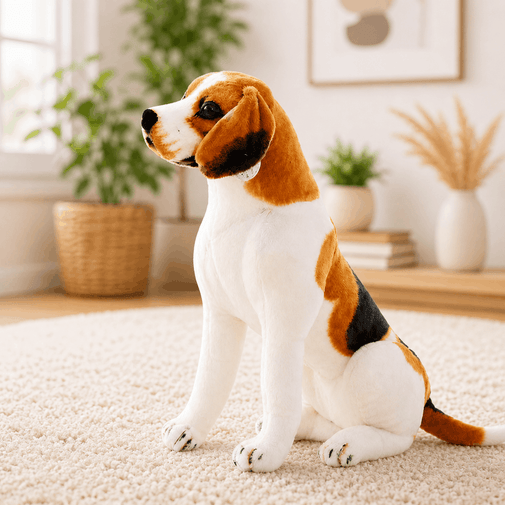 Stuffed dog toy resembling a beagle sitting on a carpeted floor in a room with plants and books.