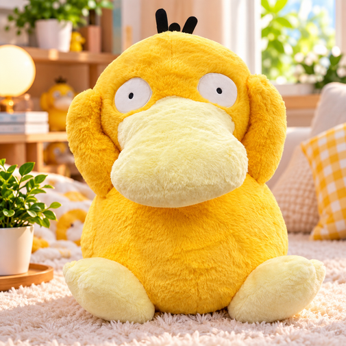 A large yellow plush toy resembling Psyduck from Pokémon, sitting on a white shag rug in a bright, cozy room with plants and home decor in the background.