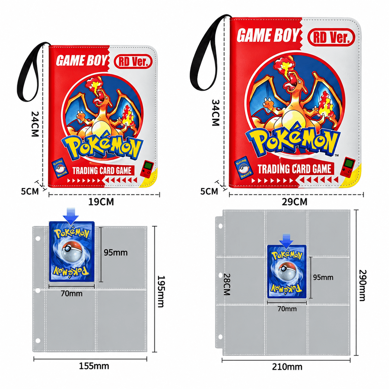 Two Game Boy Pokémon trading card sleeves shown with printed dimensions and a card-peg board layout below, on a white background.
