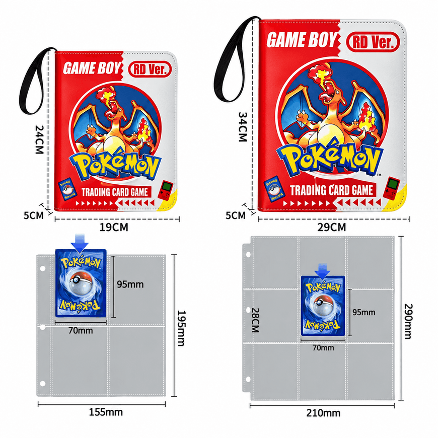 Two Game Boy Pokémon trading card sleeves shown with printed dimensions and a card-peg board layout below, on a white background.