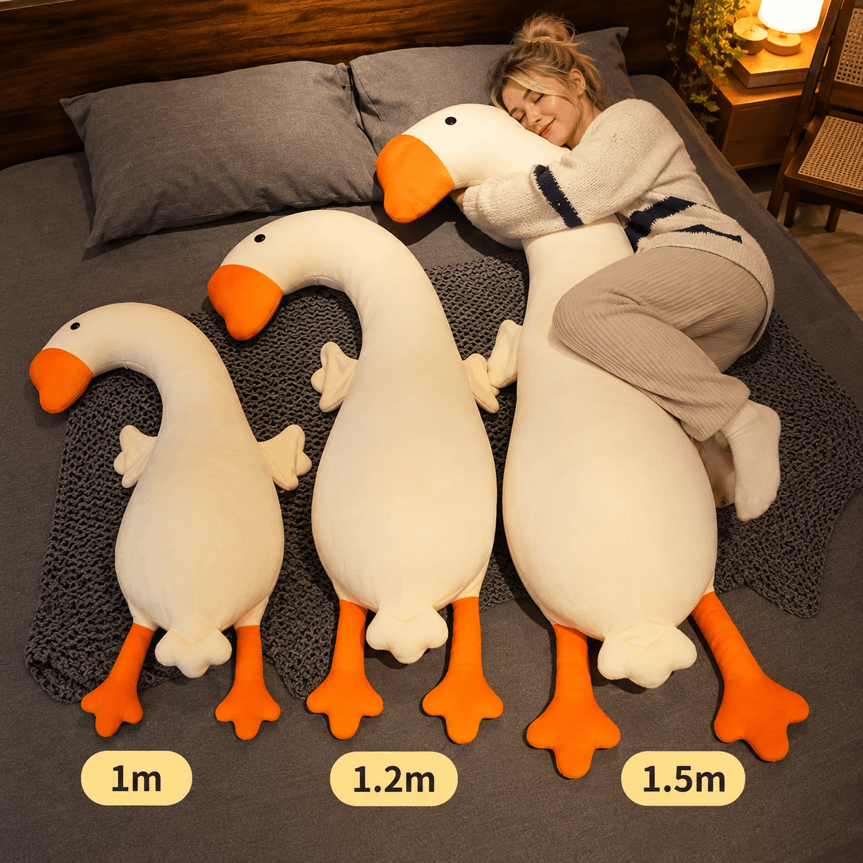 Three oversized goose-shaped plush pillows in different sizes (1m, 1.2m, and 1.