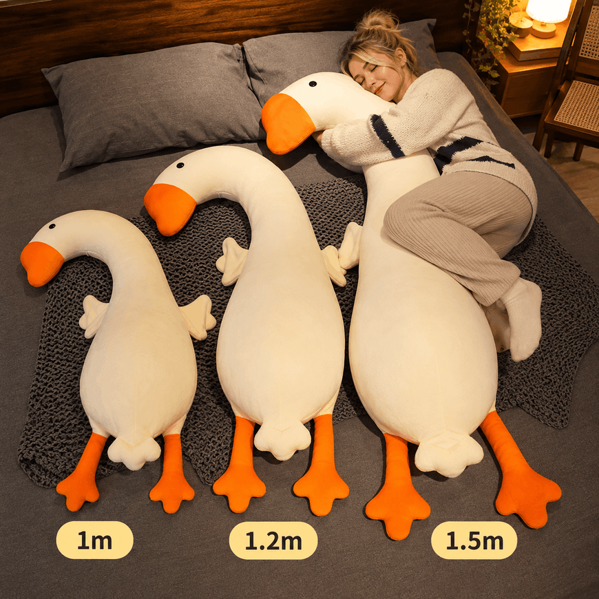 Three oversized goose-shaped plush pillows in different sizes (1m, 1.2m, and 1.