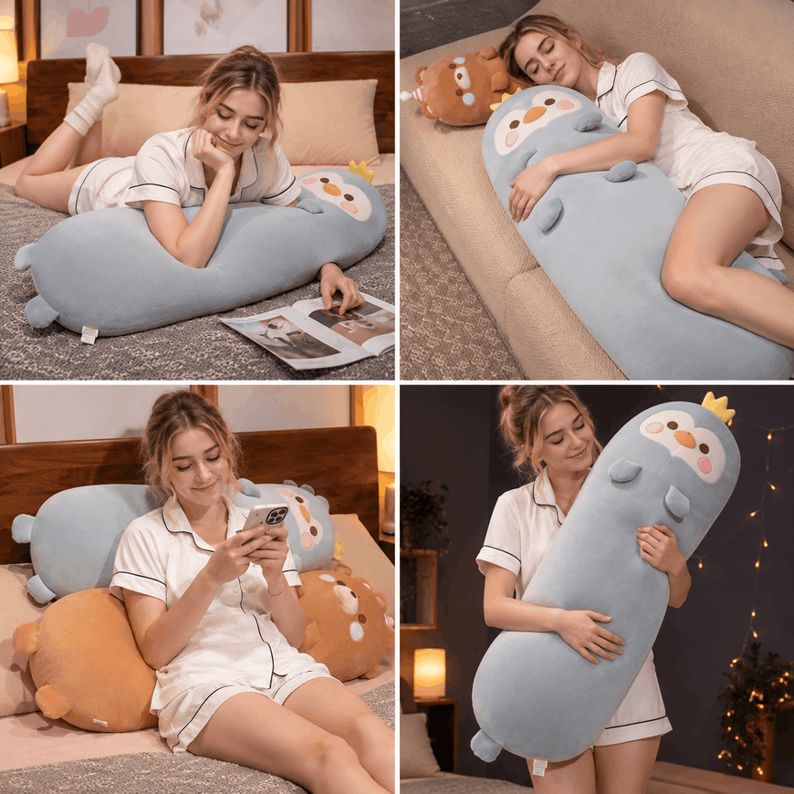 A four-panel collage showing a woman in white pajamas resting on a bed with a large, light blue, penguin-shaped plush pillow. The pillow features a cute face with pink cheeks, a small yellow crown, and gray details.