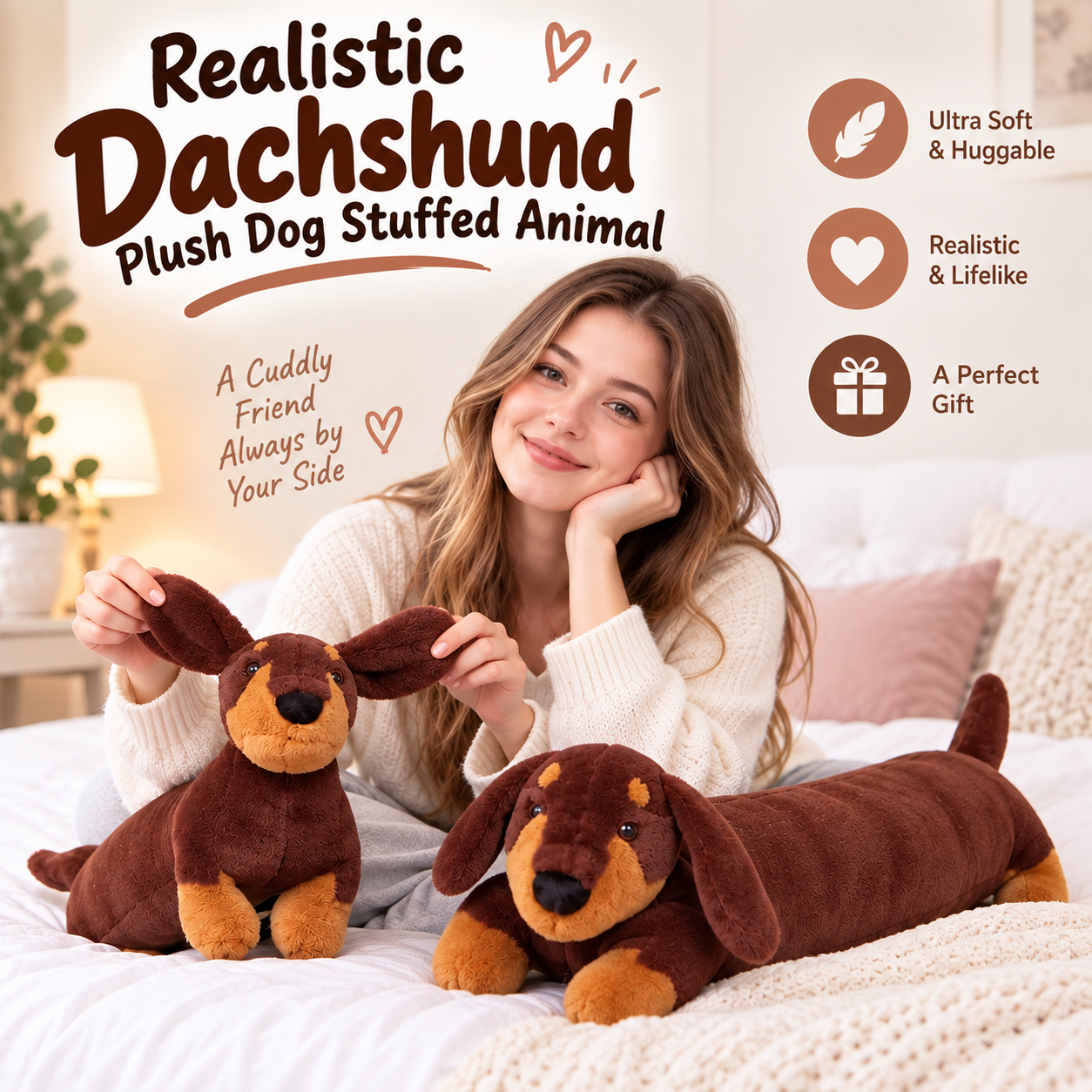 A woman lying on a bed holds a small brown dachshund plush toy next to a larger matching dachshund plush toy. The scene includes promotional text and icons highlighting softness, realism, and gift appeal.