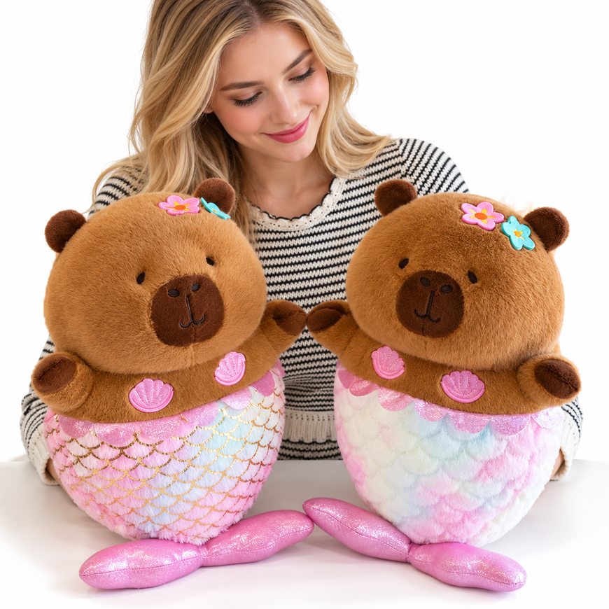 A woman with blonde hair is smiling and looking down at two plush capybara mermaids. The plush toys have brown plush bodies, colorful pastel mermaid tails in pink, blue, and white, and small flower accessories on their heads, set against a clean white background.