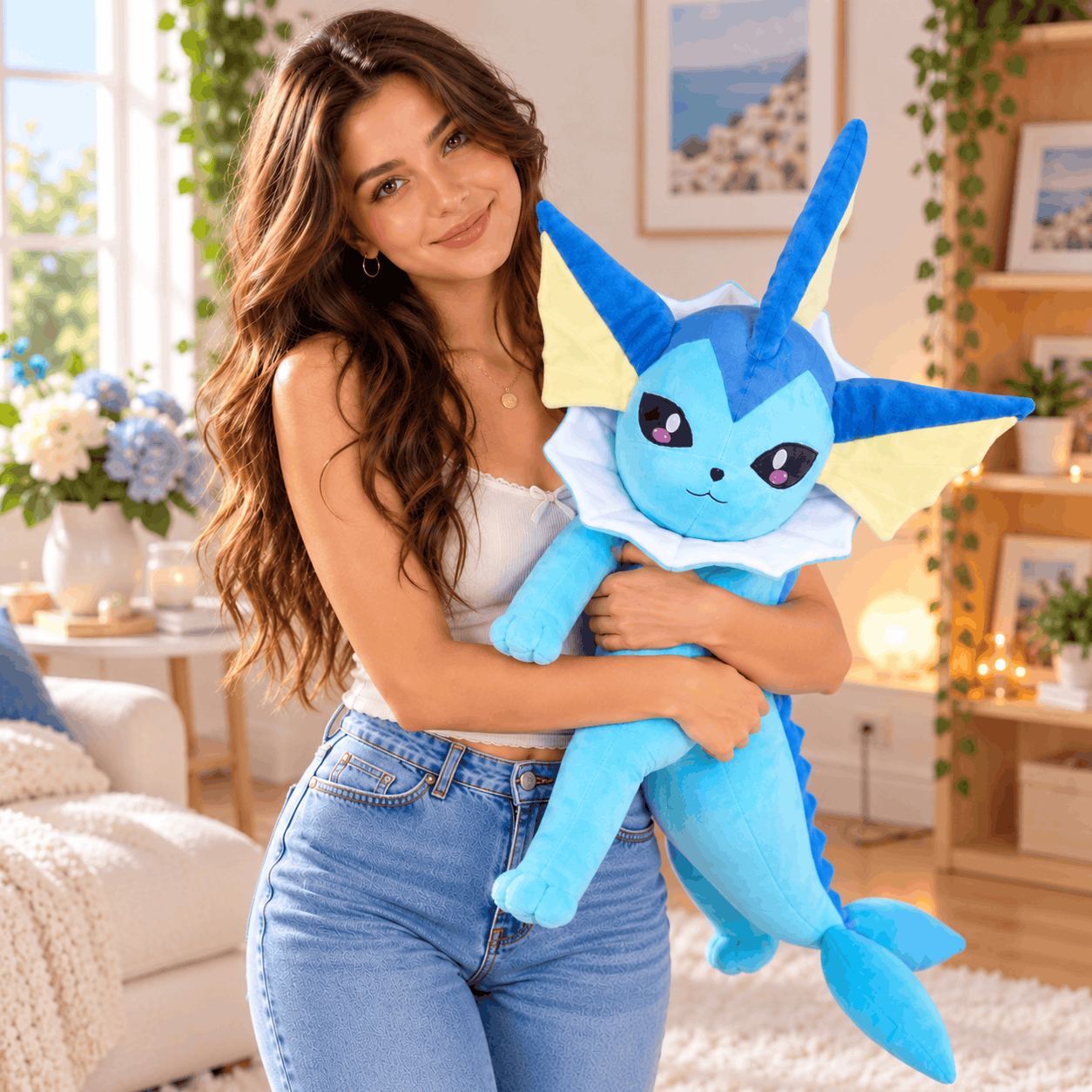 A woman in a white crop top and blue jeans holds a large blue and yellow plush toy resembling a water-type Pokémon in a cozy, sunlit living room.