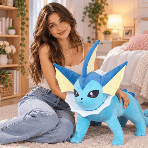 A woman sitting on a beige carpet in a cozy, warmly lit bedroom, holding a large blue and yellow plush toy of a water-type Pokémon.