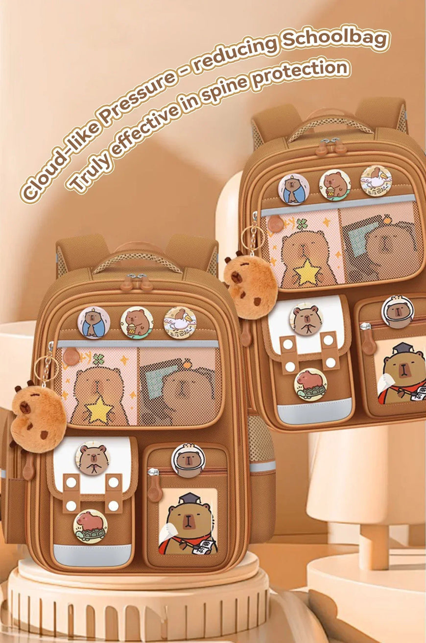 Children's backpack with bear-themed design on a beige background
