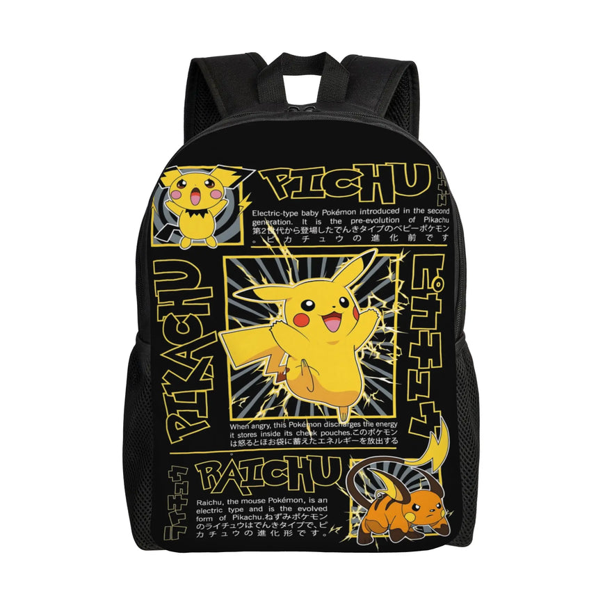 A black backpack featuring a large Pikachu graphic print with yellow text and Japanese text on a white background.