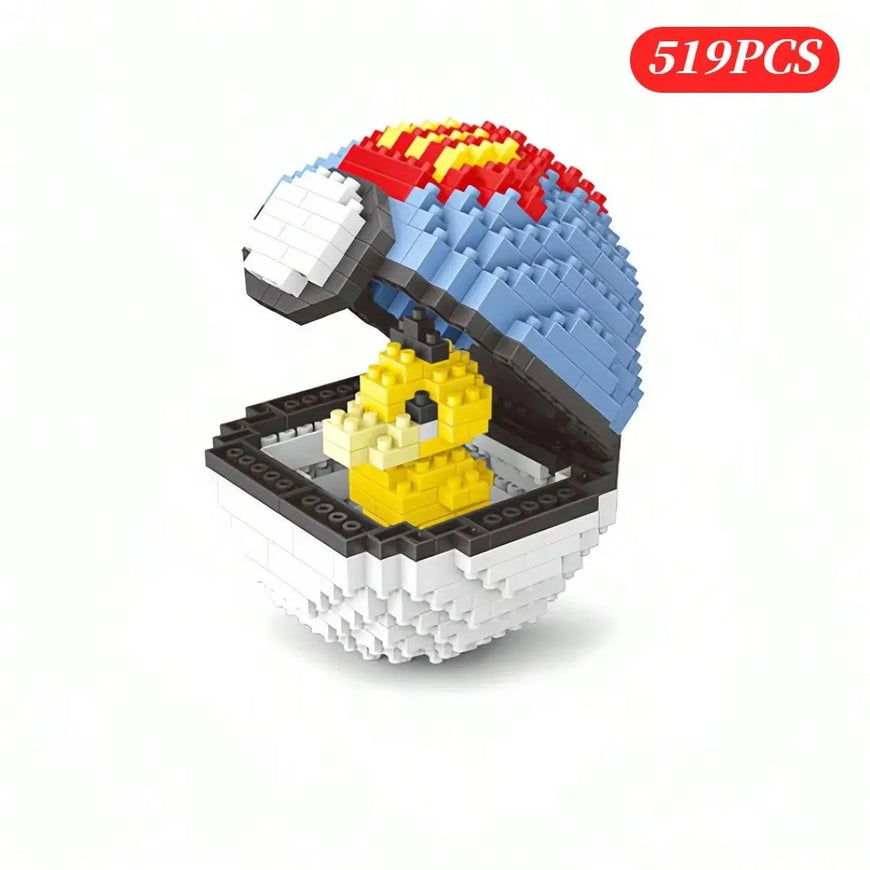 A 519-piece micro block set of a Pokéball with a yellow Pikachu figure inside, shown on a clean white background with a red '519PCS' badge in the top right.