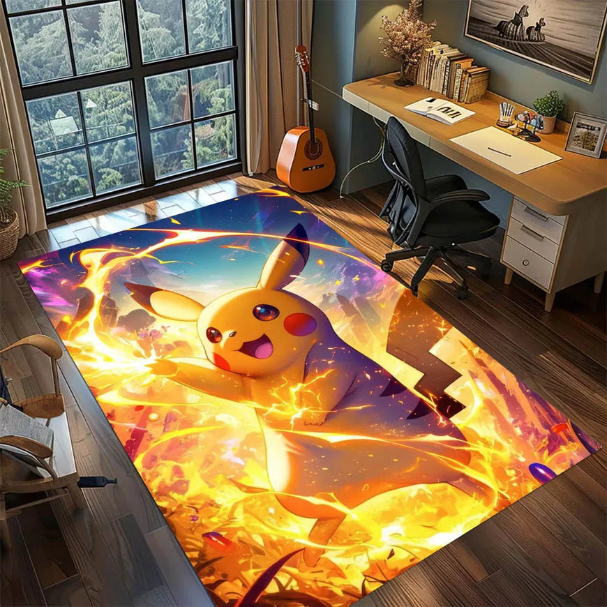 A large rectangular floor mat or rug featuring a vivid printed design of Pikachu surrounded by flames, shown in a furnished room with a desk, chair, window, and guitar.