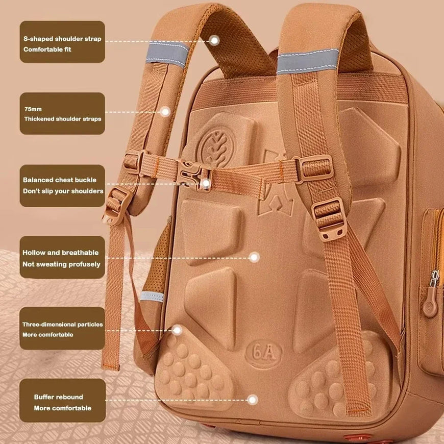 Brown backpack with labeled features on a beige background
