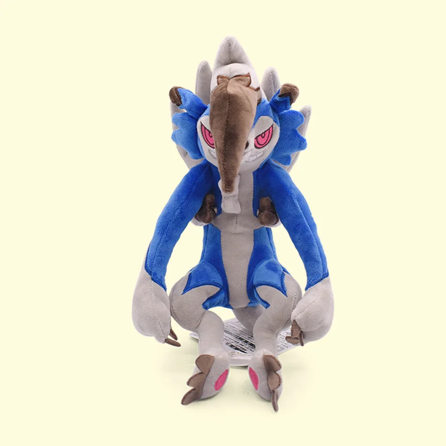 A plush toy of the Pokémon Charizard, seated in a relaxed pose, featuring its signature blue and gray color scheme with pink eyes and claws, set against a solid pale yellow background.