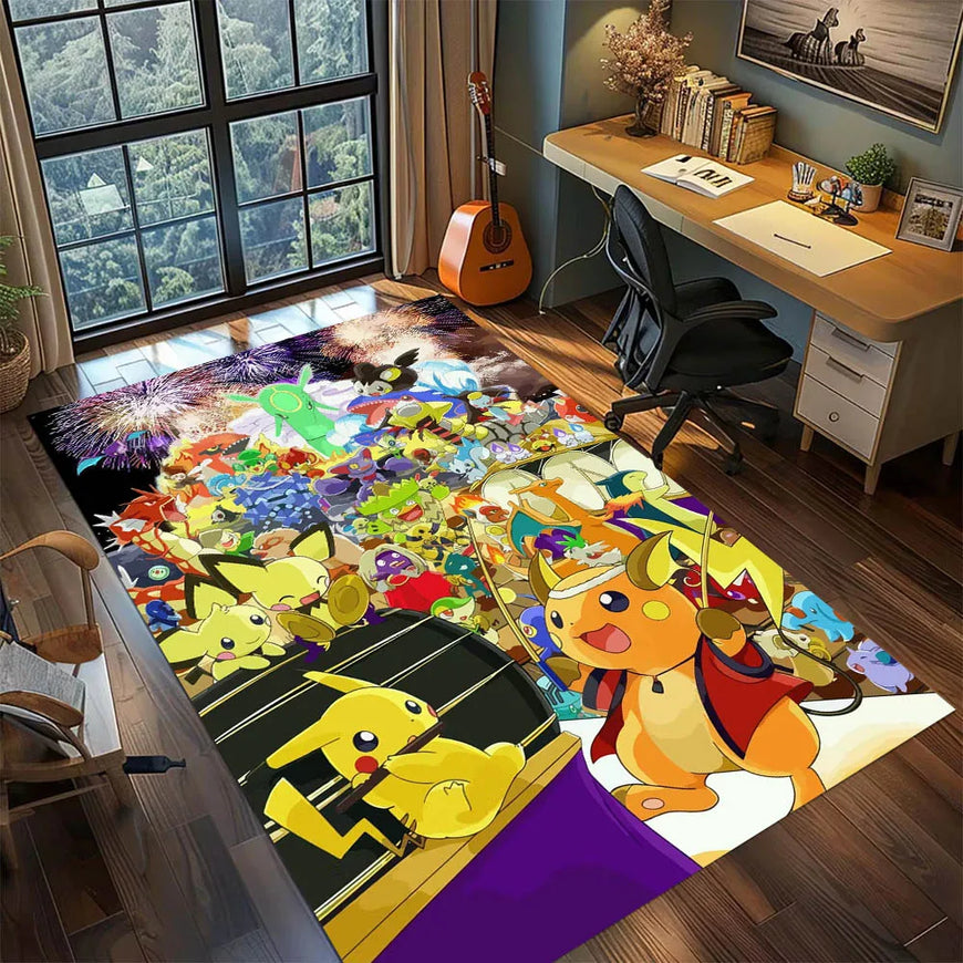 A large rectangular area rug featuring a colorful collage of Pokémon characters, including Pikachu and Eevee, displayed on a dark wood floor in a modern, well-lit room with a desk, chair, and window.