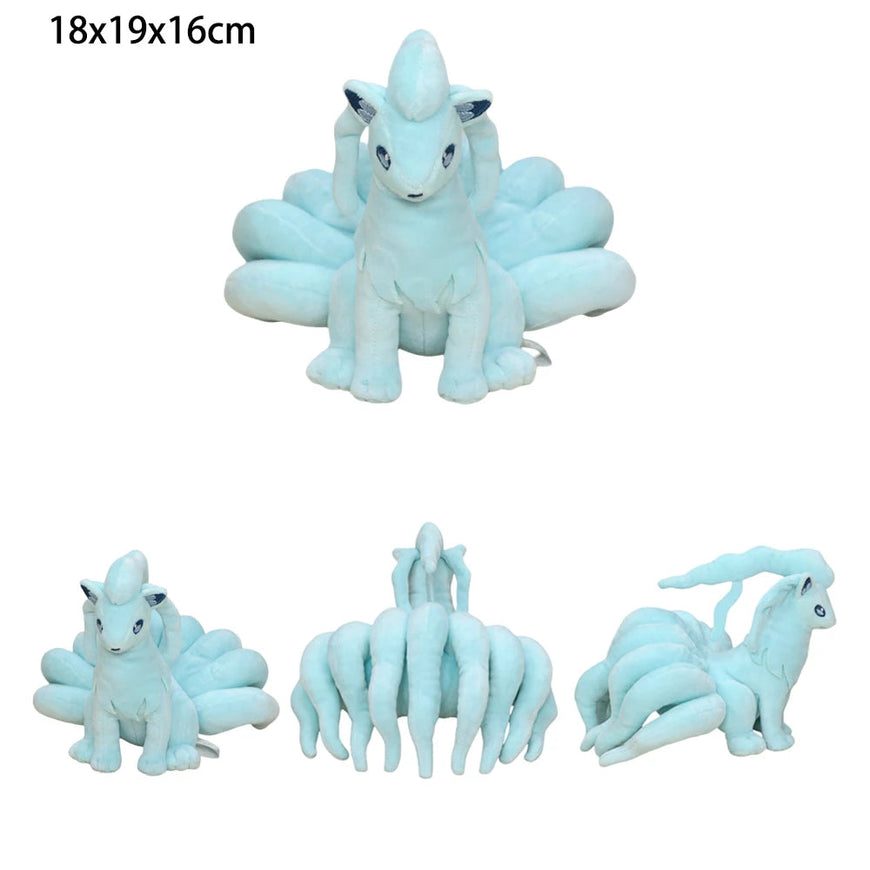Set of blue plush toys resembling a dragon on a white background with dimensions 18x19x16cm.