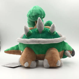 Plush toy resembling a green and brown creature with white accents on a light gray background