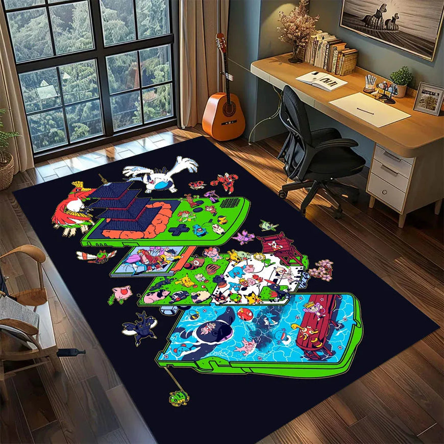 A large rectangular area rug with a colorful cartoon game-inspired print is shown in a furnished room with a desk, chair, window, and guitar. The rug has a dark navy base with bright multicolor graphics including green, blue, red, pink, and white elements.