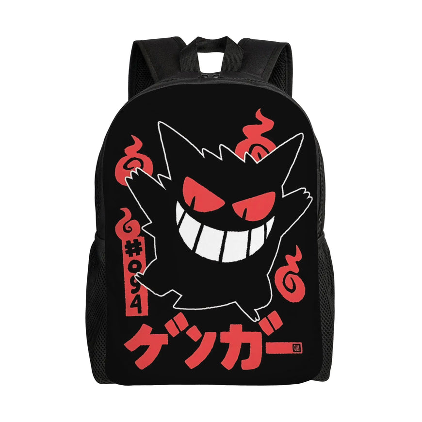 A black backpack featuring a large graphic of Gengar from Pokémon, with red eyes, white teeth, red Japanese text, and red flame-like swirls on a plain white background.