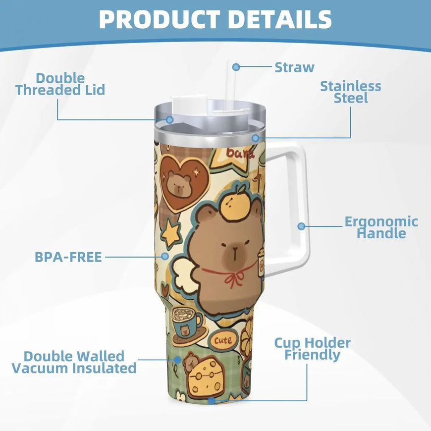 Product details infographic for a stainless steel handled tumbler with a cartoon bear print, showing callout labels for features like double threaded lid, straw, ergonomic handle, BPA-free, double walled vacuum insulation, and cup holder friendliness.
