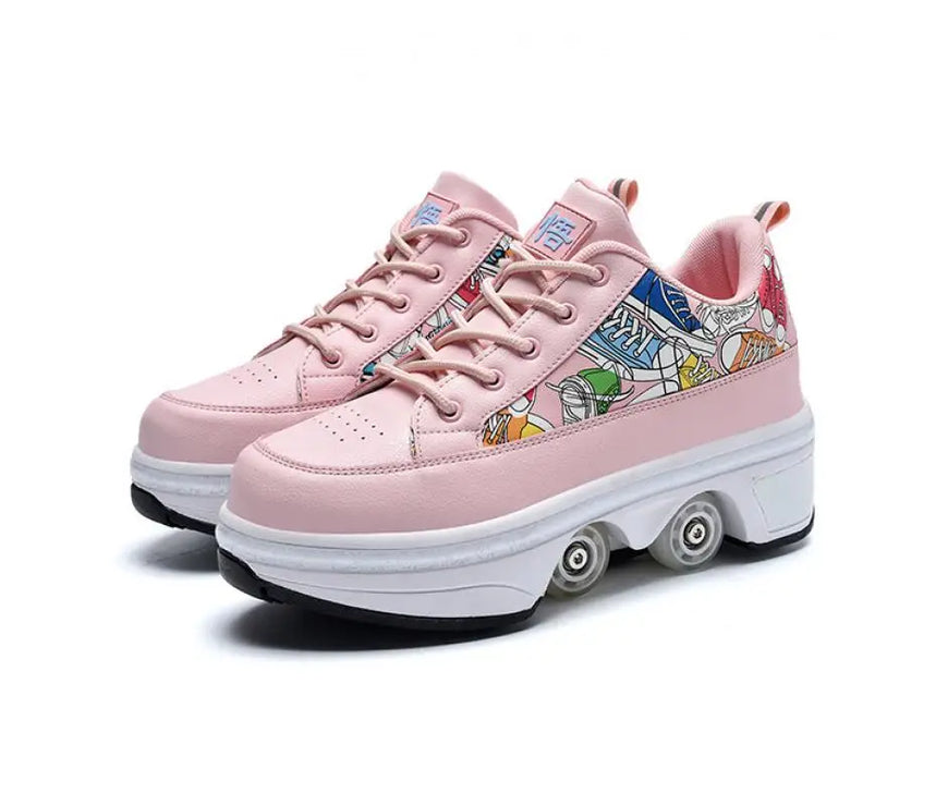 Deformation Double Row Roller Skate Shoes Furvenzy Pink 4 wheels Men's 3.5 (Ladies 4.5)