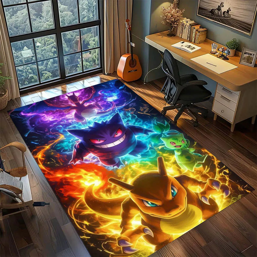A large rectangular area rug featuring colorful Pokémon characters including Charizard, Gengar, and Mew, shown in a styled home office or study room with a desk, chair, window, and guitar.