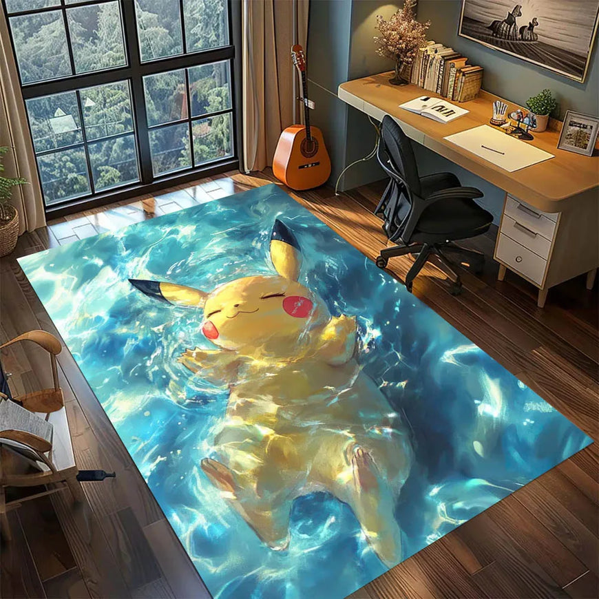 A large rectangular area rug featuring a 3D-effect print of Pikachu floating in blue water, shown in a modern home office setting with a desk, chair, and window.
